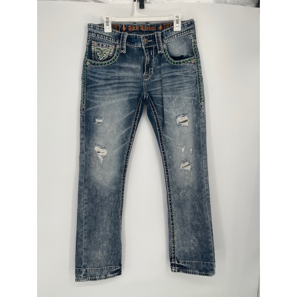 Rock Revival Lowry Slim Straight Jean Men 32 Blue Distressed Green Stitching
Y2K